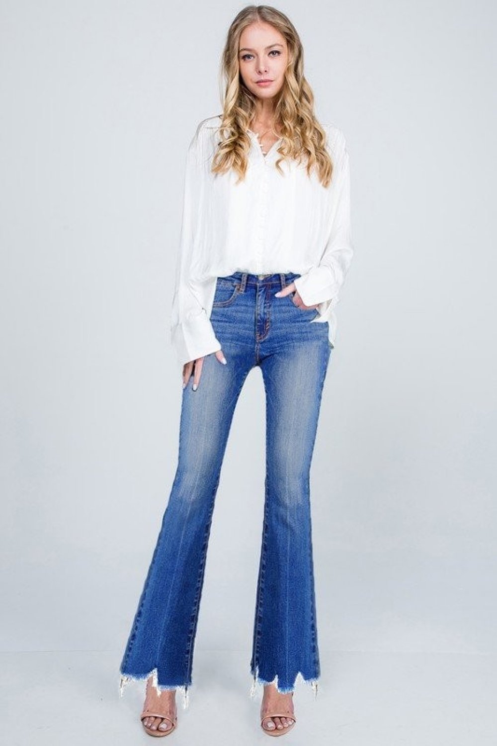 Scallop Distressed Hem Boot Cut Jeans