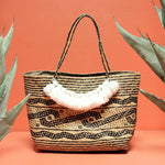 Unique Straw Tote Bag - Hand Bag with White Roman Tassels