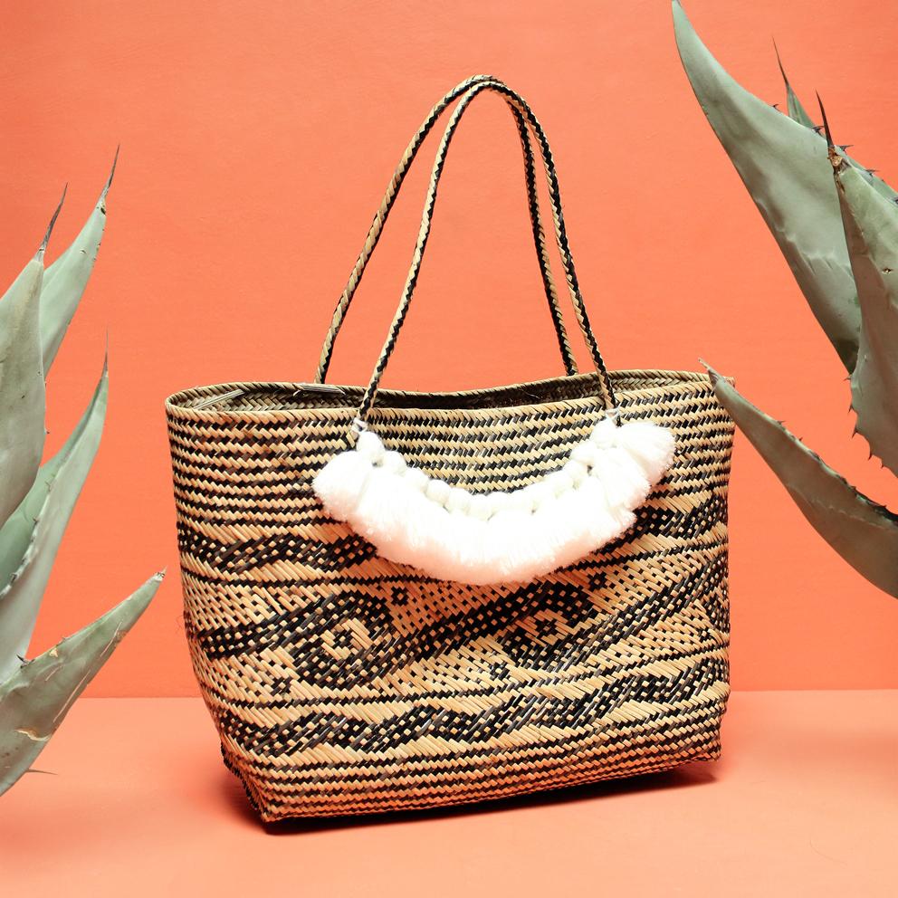Unique Straw Tote Bag - Hand Bag with White Roman Tassels