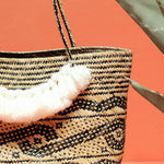Unique Straw Tote Bag - Hand Bag with White Roman Tassels