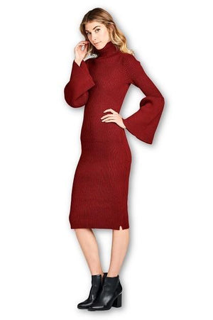 Turtleneck Sweater Dress with Bell Sleeve