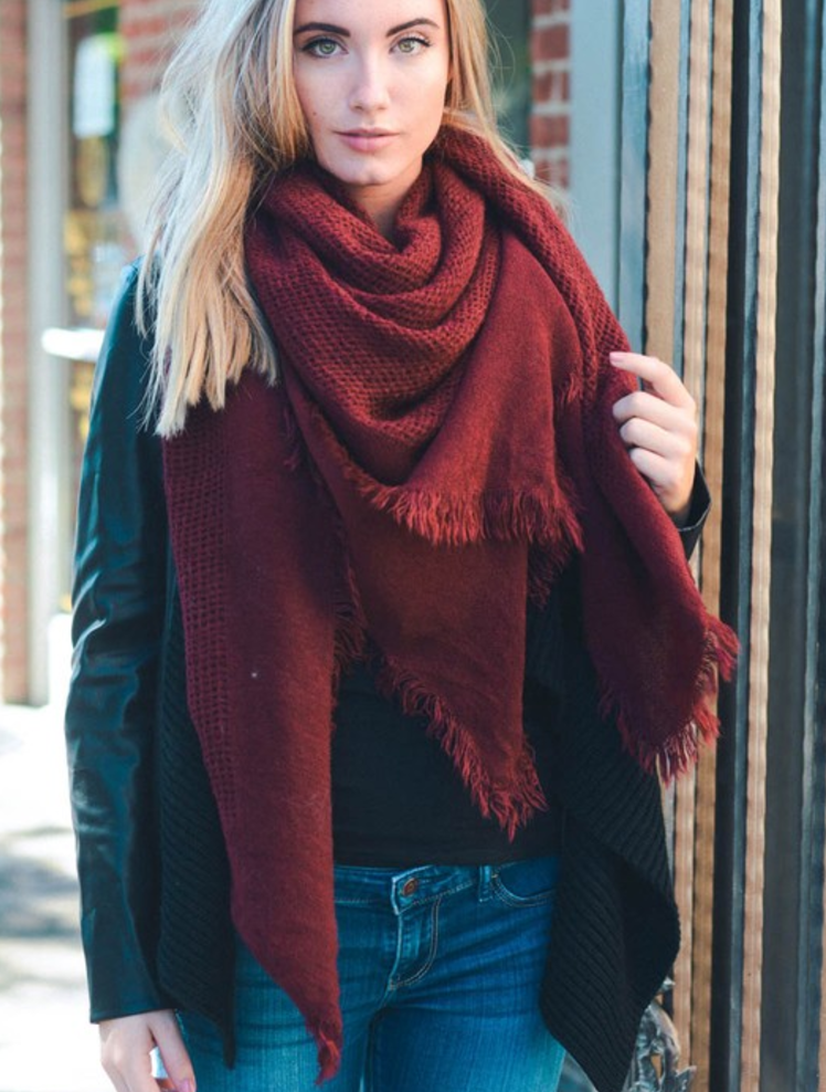 Warm Burgundy Open Weave Square Scarf / Blanket