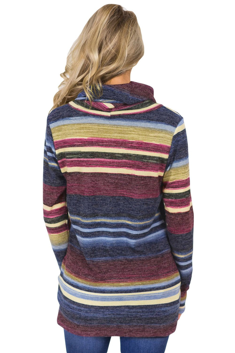 Casual Blue Multicolor Cowl Neck Striped Sweatshirt