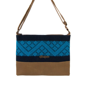 Cross-Body Bag in Camel Leather with Blue Stripe.