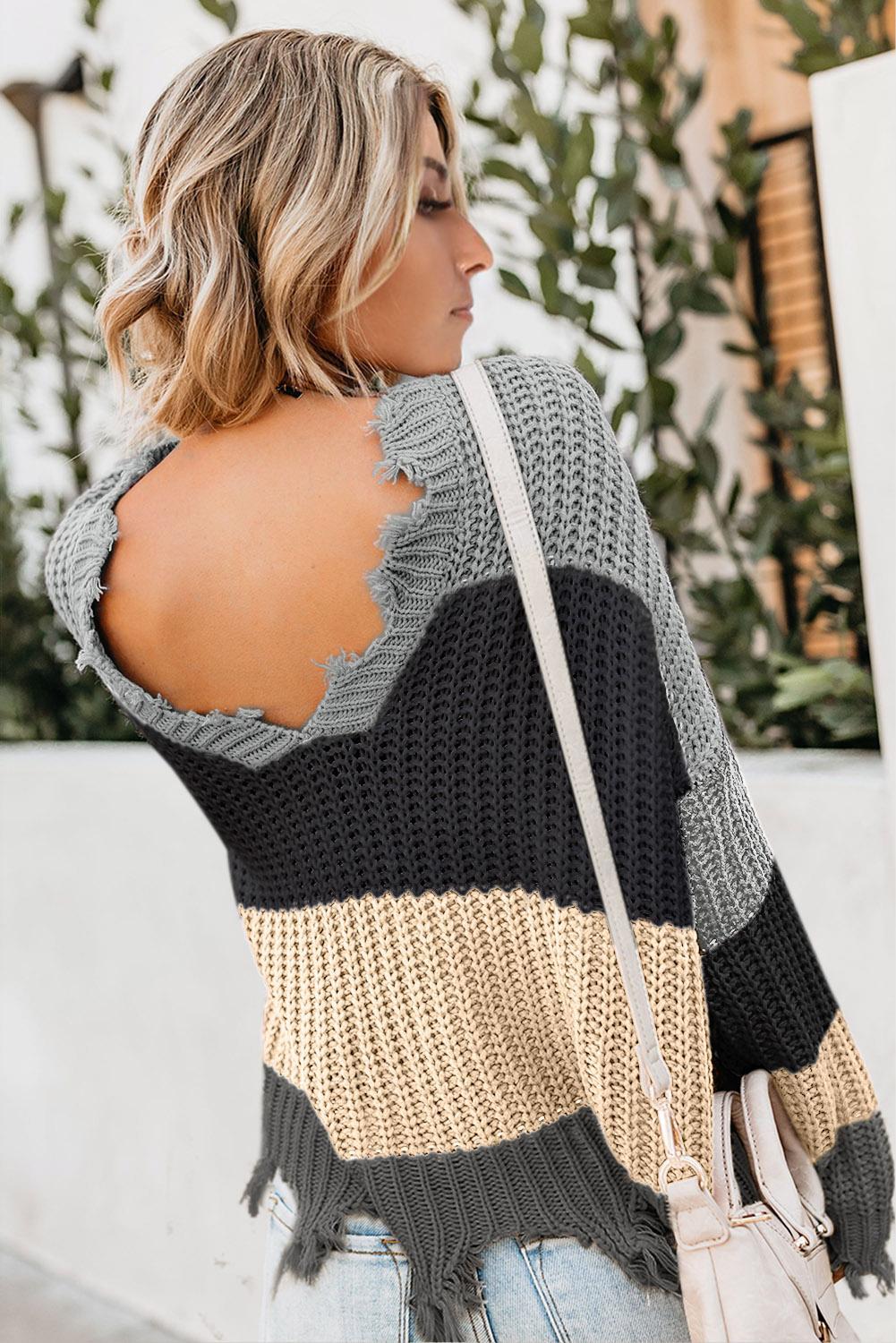 Fashion Gray Colorblock Distressed Sweater