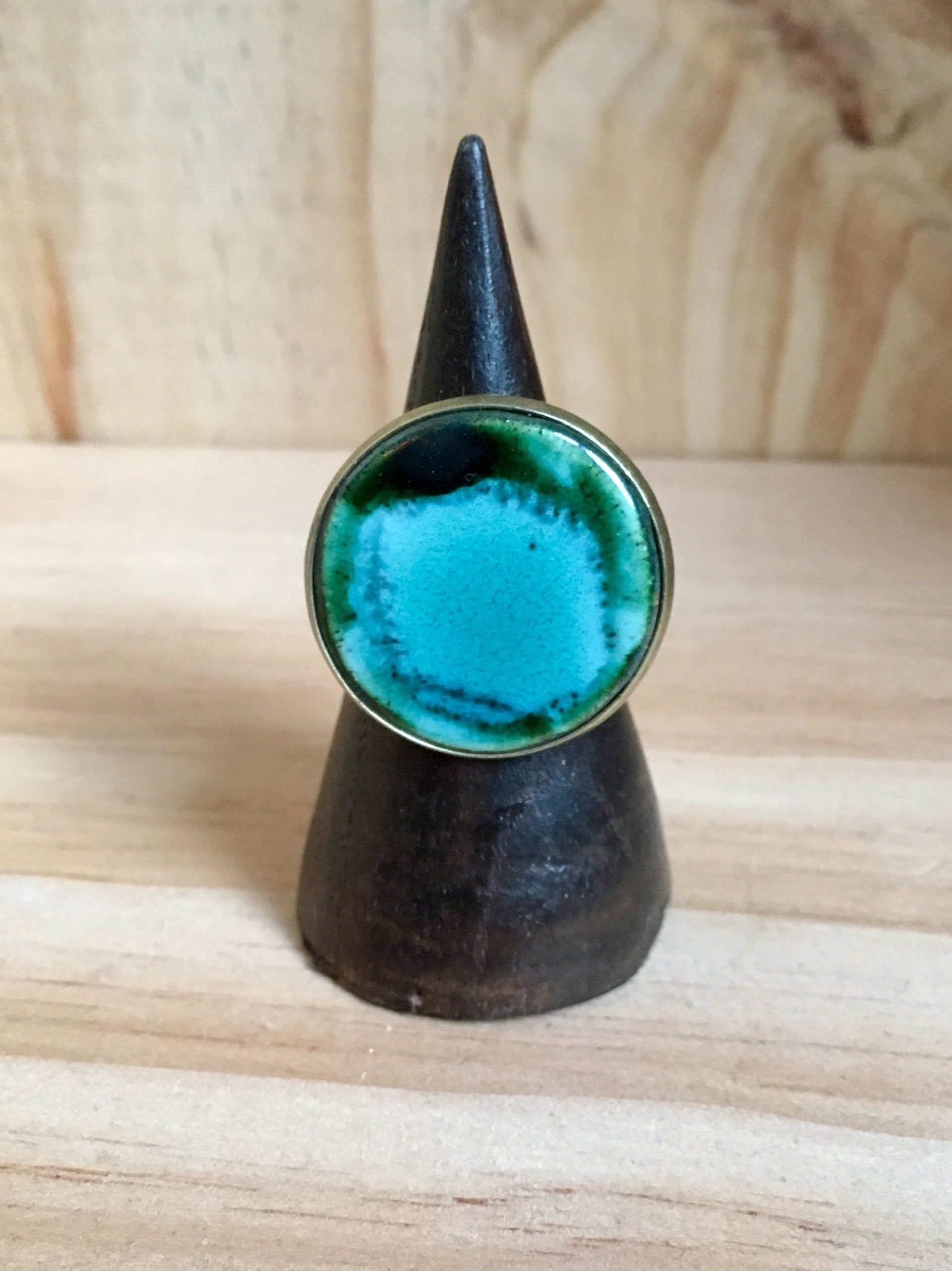 Gorgeous Adjustable Handmade Statement Ceramic Ring in Black and Teal