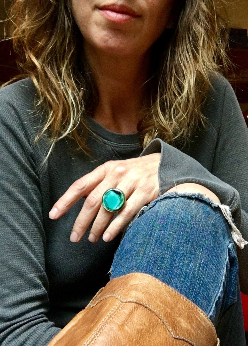 Gorgeous Adjustable Handmade Statement Ceramic Ring in Black and Teal