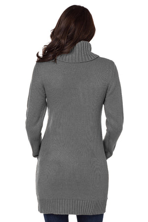 Gray Cowl Neck Pockets Cable Knit Sweater Dress