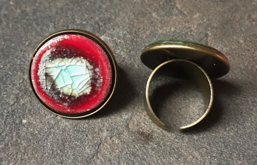 Adjustable Handmade Statement Ceramic Ring in Caribbean Blue -Teal & Red