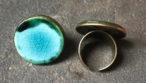 Adjustable Handmade Statement Ceramic Ring in Caribbean Blue -Teal & Red