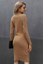 Winter Brown High Neck Textured Bodycon Sweater Dress