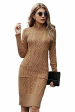 Winter Brown High Neck Textured Bodycon Sweater Dress