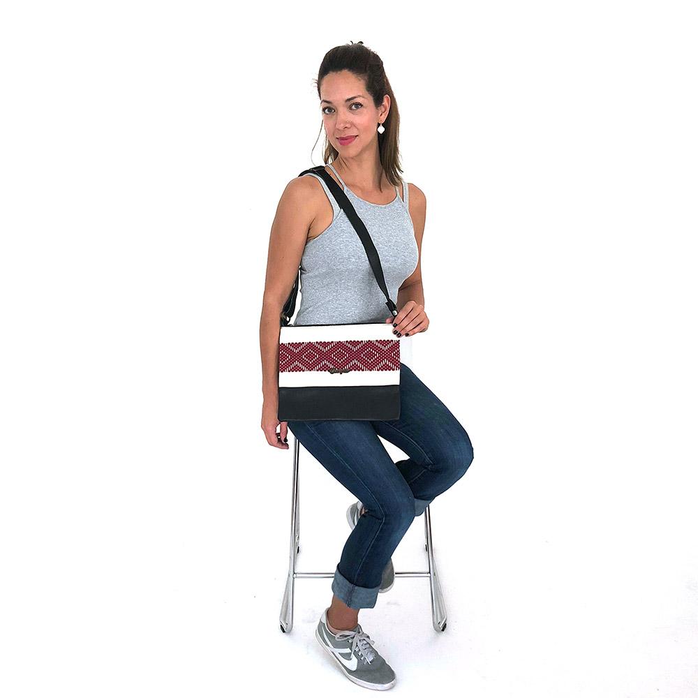 Cross-Body Bag in Black Leather with Burgundy Stripe.