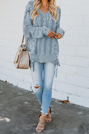 Sky Blue Love Letters Lace Up Cable Knit Sweater