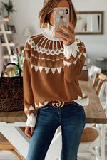 Winter Women Brown Apricot High Neck Printed Knit Sweater