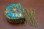 Handmade Turquoise Shell Clutch Brass Metal Purse - Royal Crown