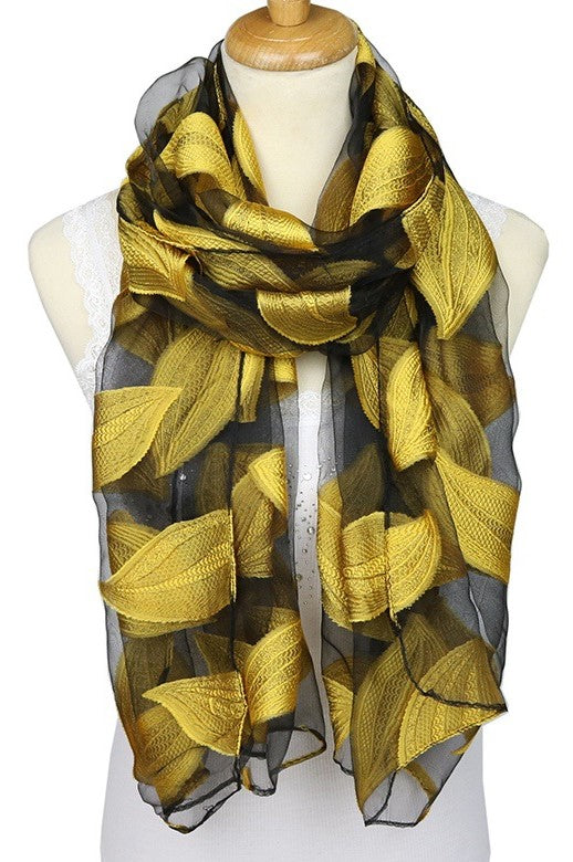 Jacquard Silk Scarf with Leaf Design - Soft Touch