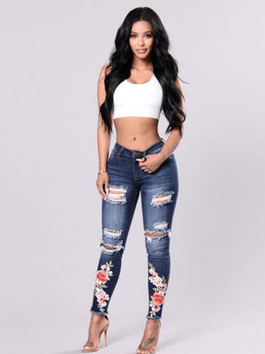 Summer woman ripped Jeans With Embroidery hole Sexy High Waist