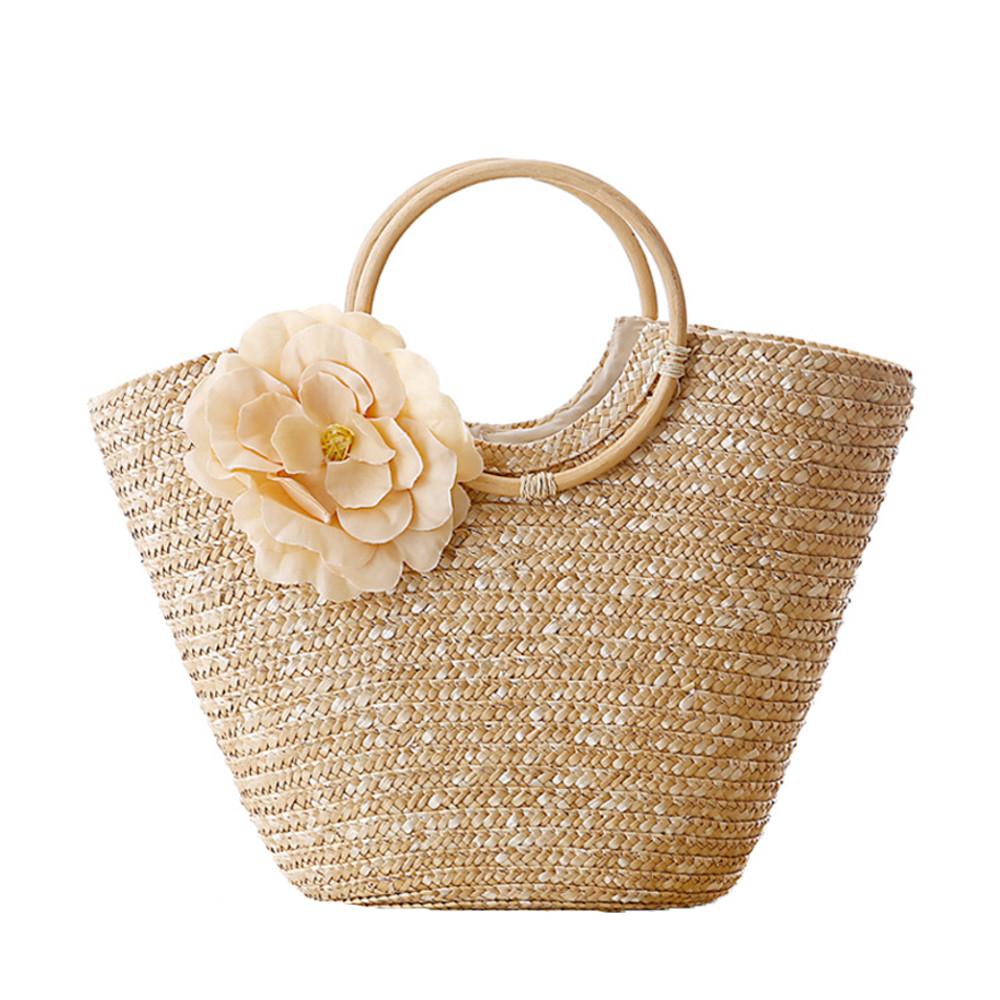 Woven Straw Totebag with Flowers