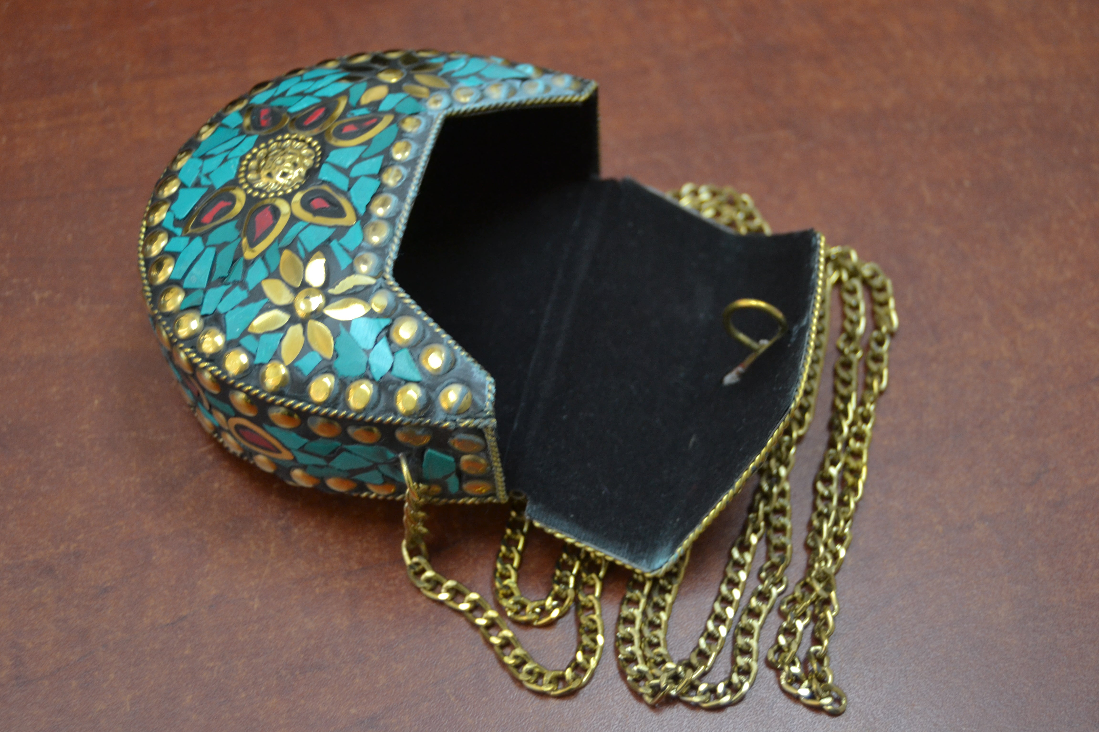 Handmade Turquoise Shell Clutch Brass Metal Purse - Royal Crown