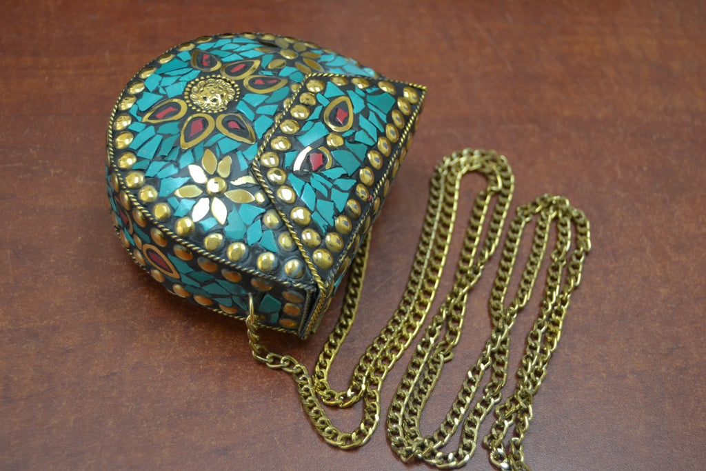 Handmade Turquoise Shell Clutch Brass Metal Purse - Royal Crown